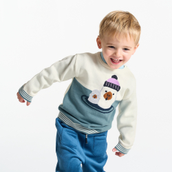 بلوفر صبي رضيع قماش تريكو مطرز أزرق اللون عليه صورة الفقمة